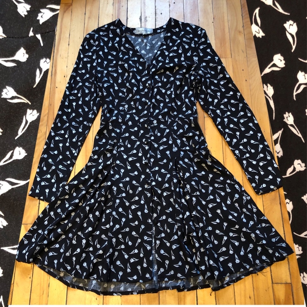 Vintage 90s Le Chateau Tulip Print Button Up Dress Whimsigoth Grunge XS/SM